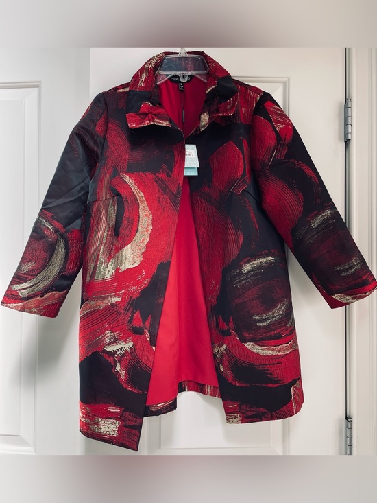 Ming Wang Jackets & Blazers - NWT Ming Wang Red Black Gold Brushstroke Jacquard Ruffle Collar Jacket Small